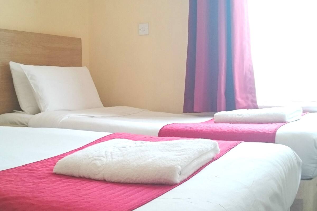 A hotel room with two beds, each with white linens and a red blanket.