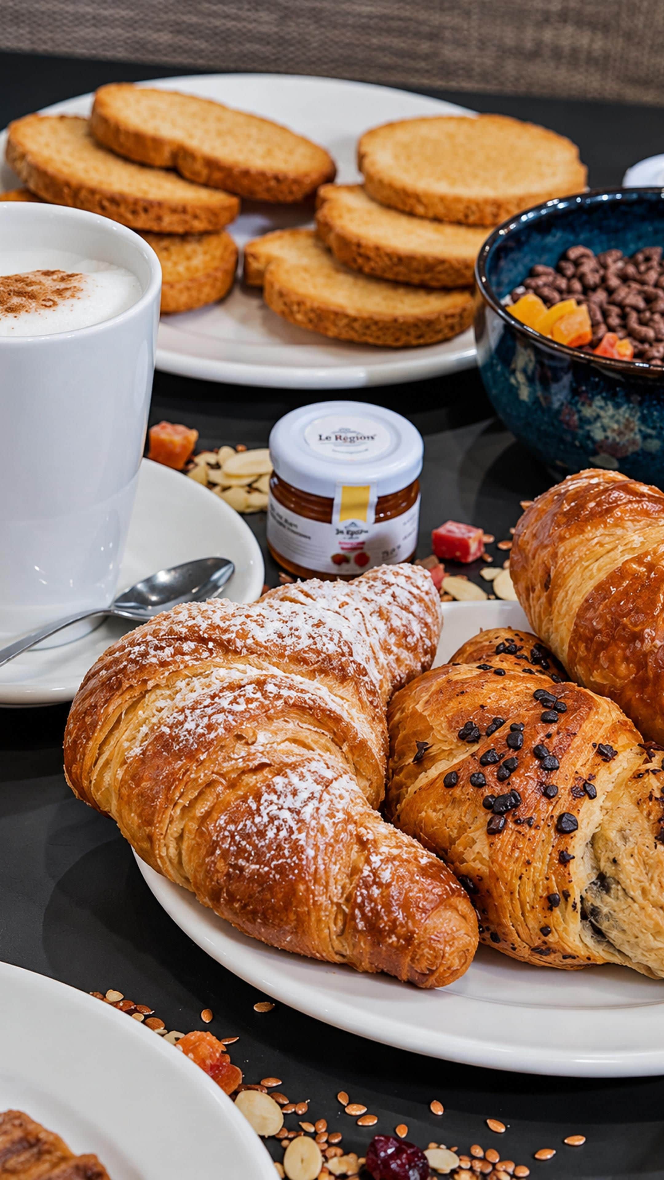 Una mesa con cruasanes, un bol de fruta, un tarro de mermelada y una taza de café.