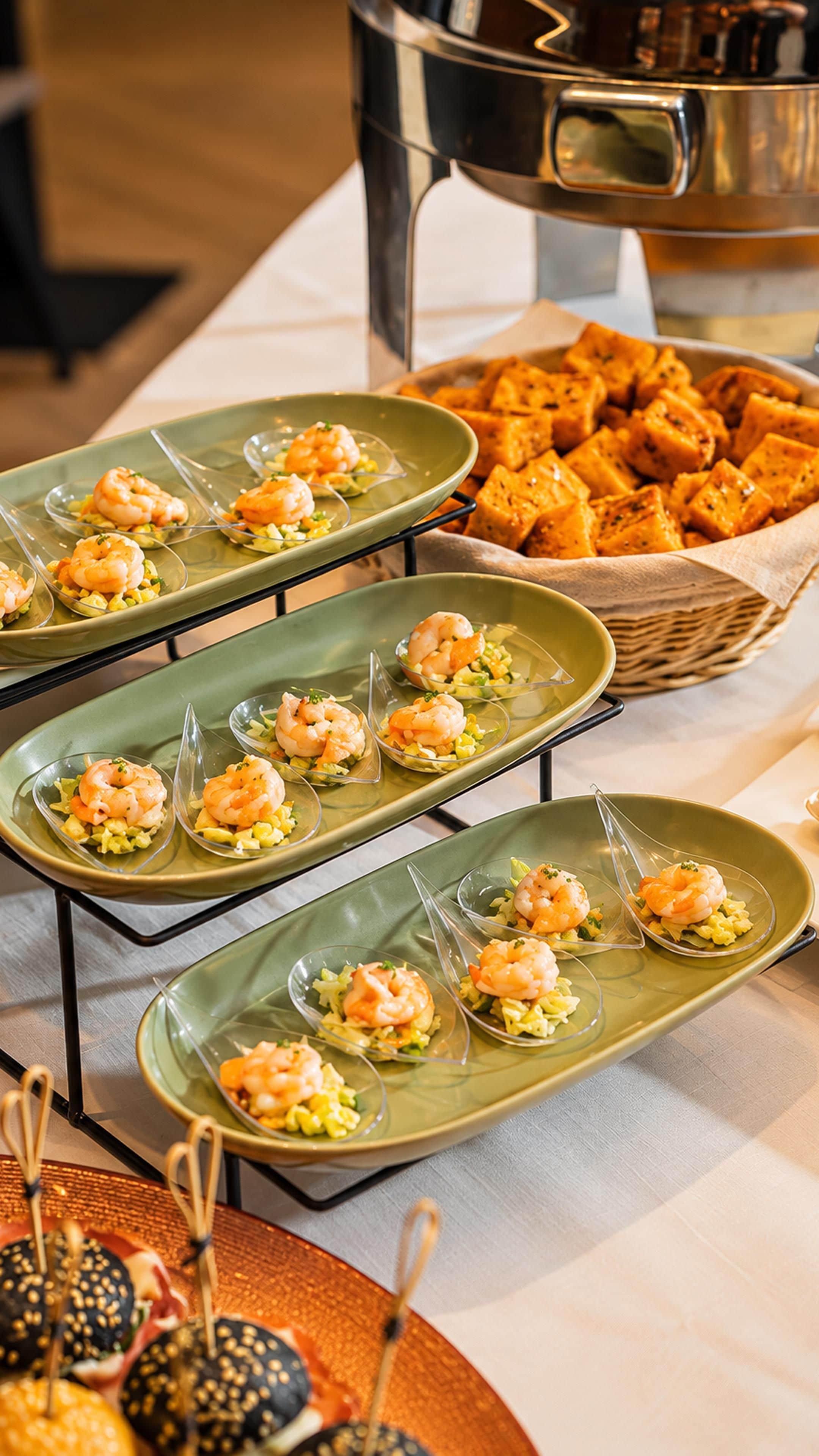 Ein Buffet mit Garnelen-Vorspeisen und einem Korb frittierter Speisen.