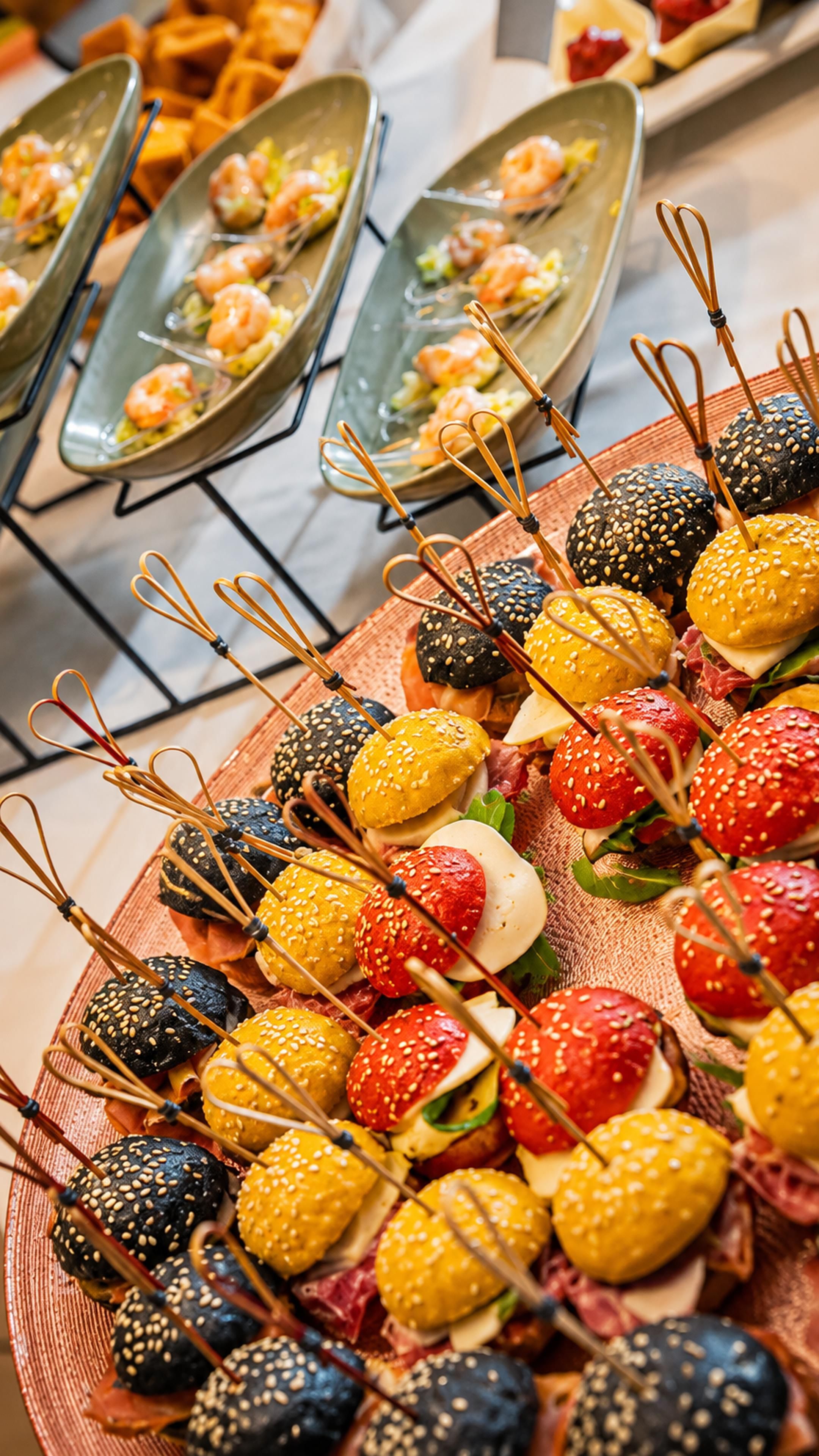 A buffet with skewered food items, including mushrooms and strawberries.
