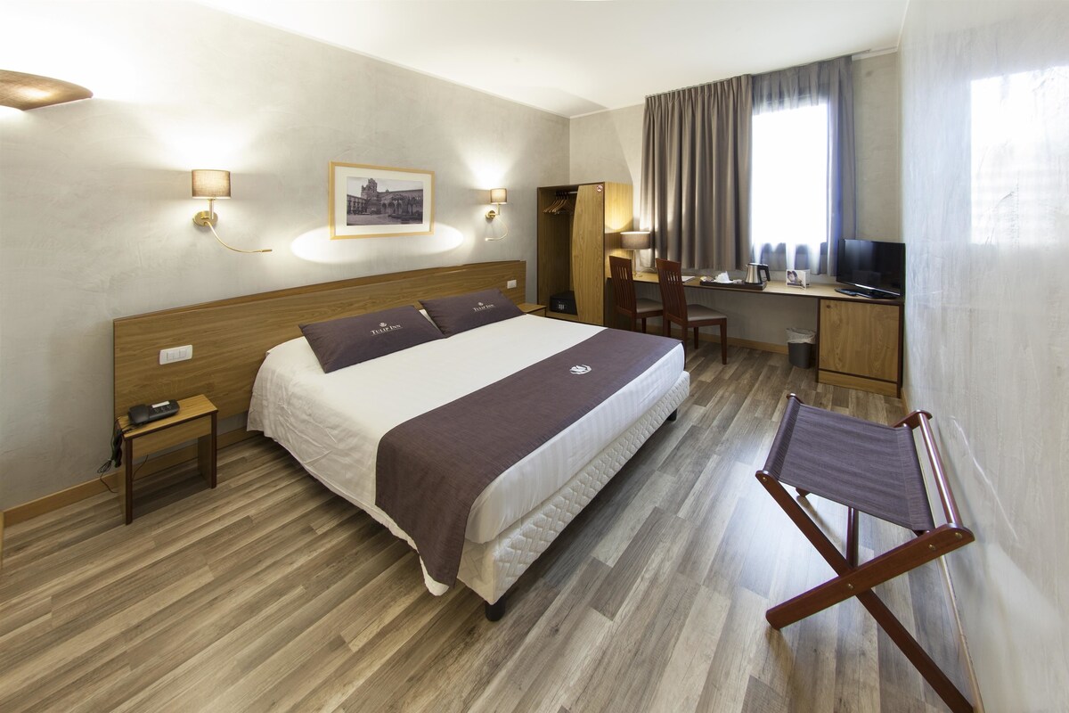 Habitación de hotel con cama, mesita de noche, lámpara, escritorio, silla y televisión.