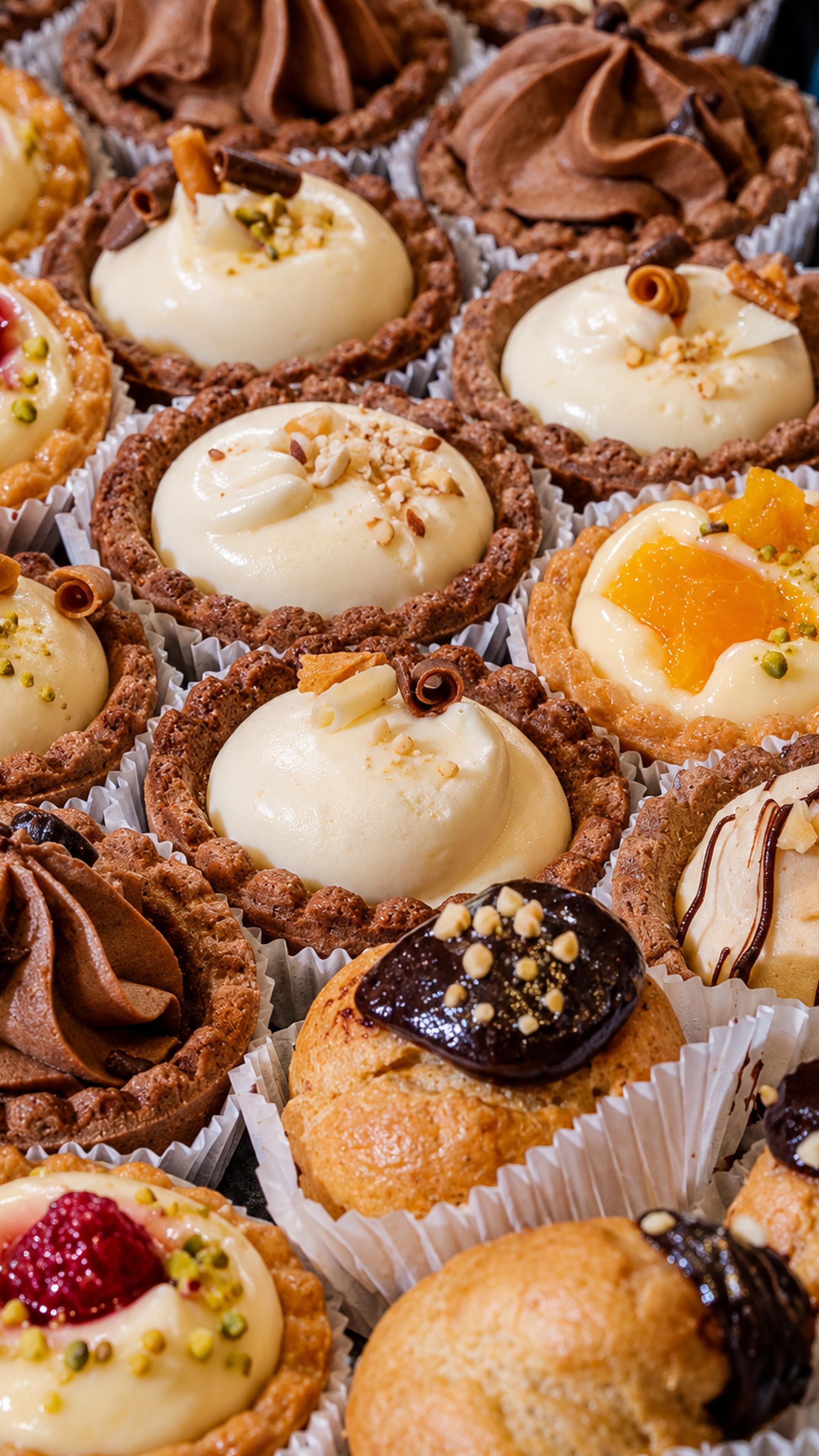 A variety of desserts in individual paper cups, including tarts and pastries with different toppings.
