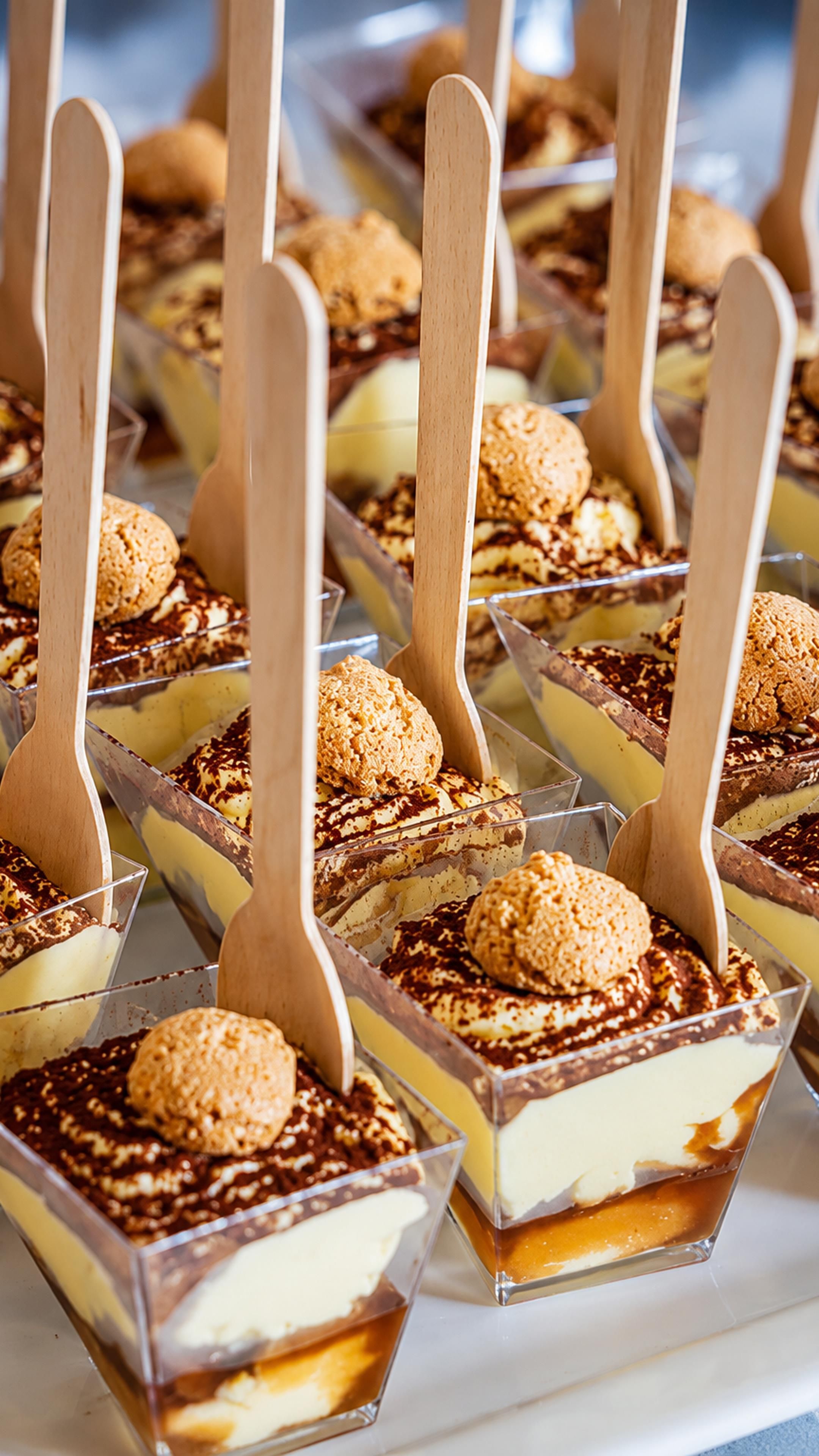 A dessert tray with multiple servings, each with a scoop of ice cream and a piece of cake, arranged on a white surface.