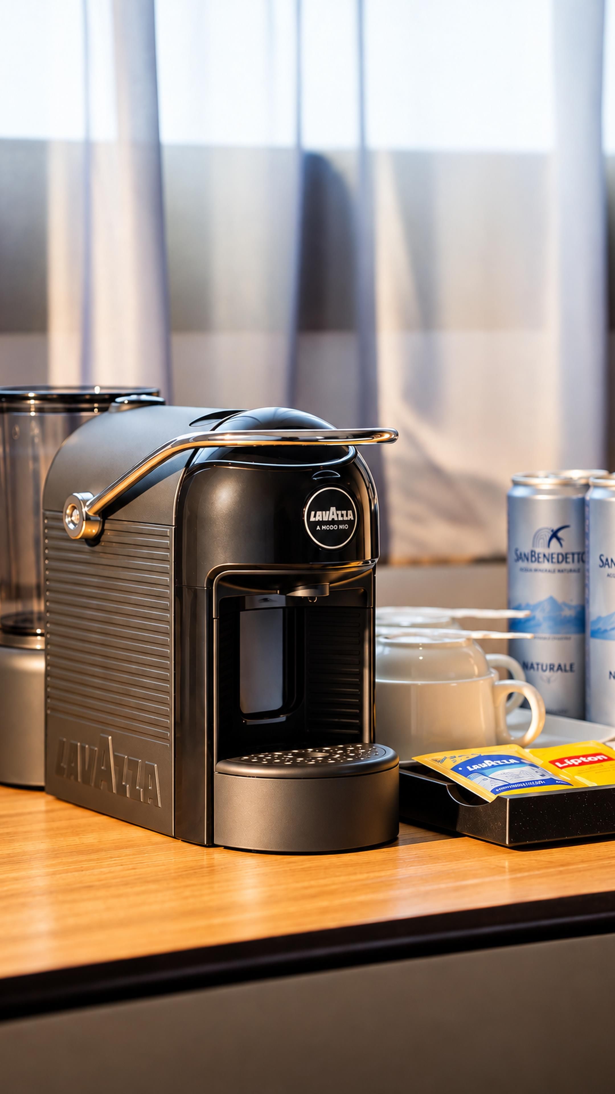Una máquina de café sobre una mesa con una lata de agua San Benedetto y una caja de té Lipton.