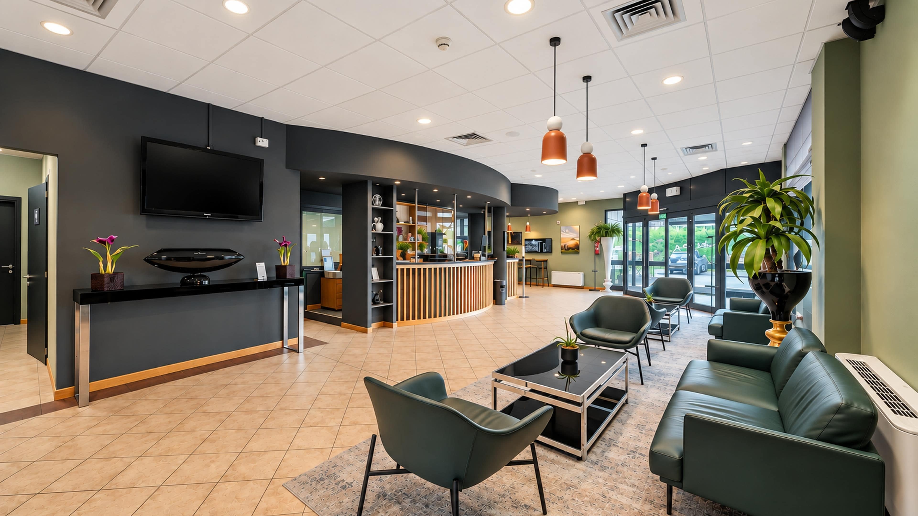 A modern reception area with a counter, seating, and a television.