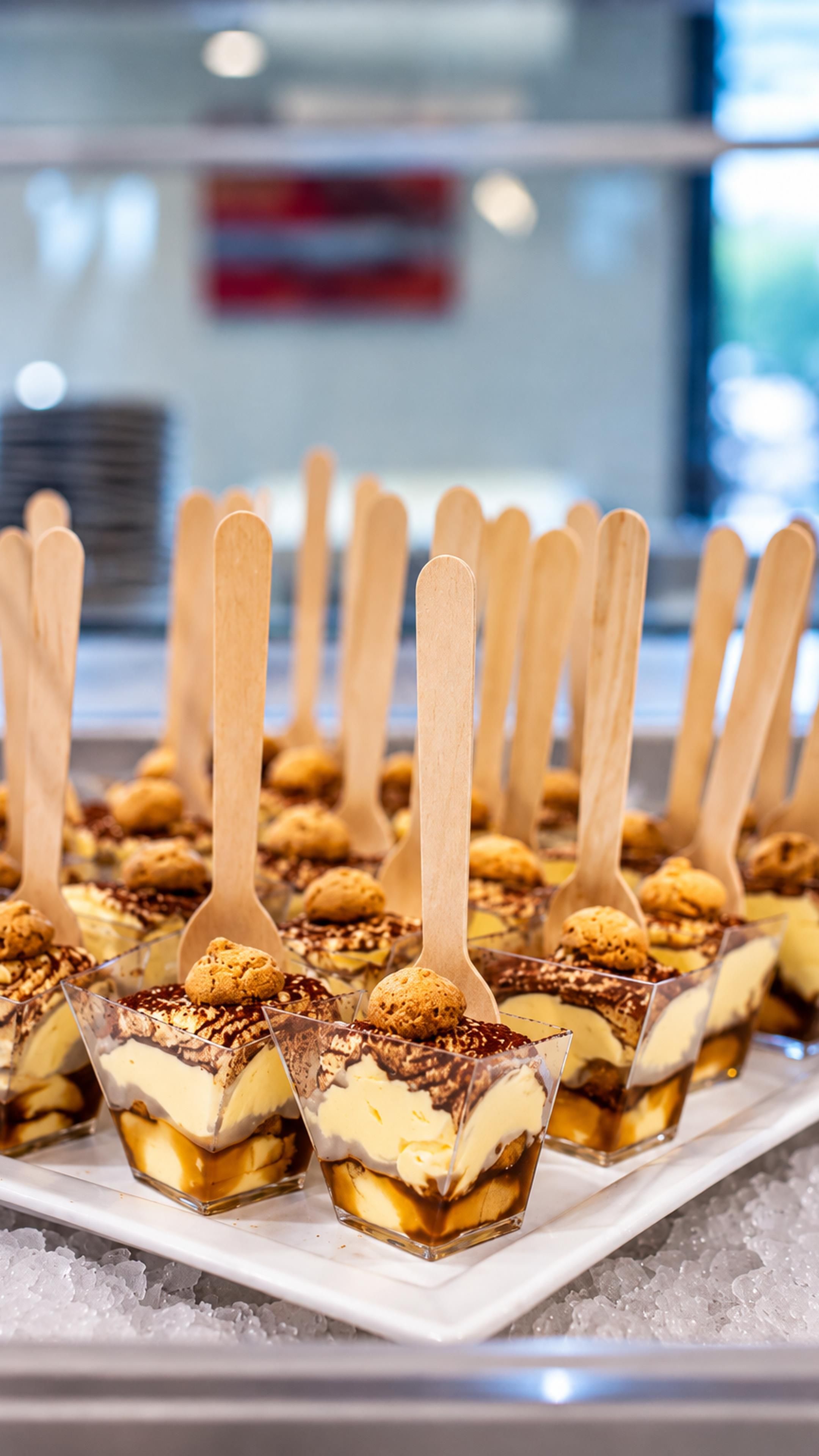 A tray of dessert cups with wooden sticks, placed on a bed of ice.