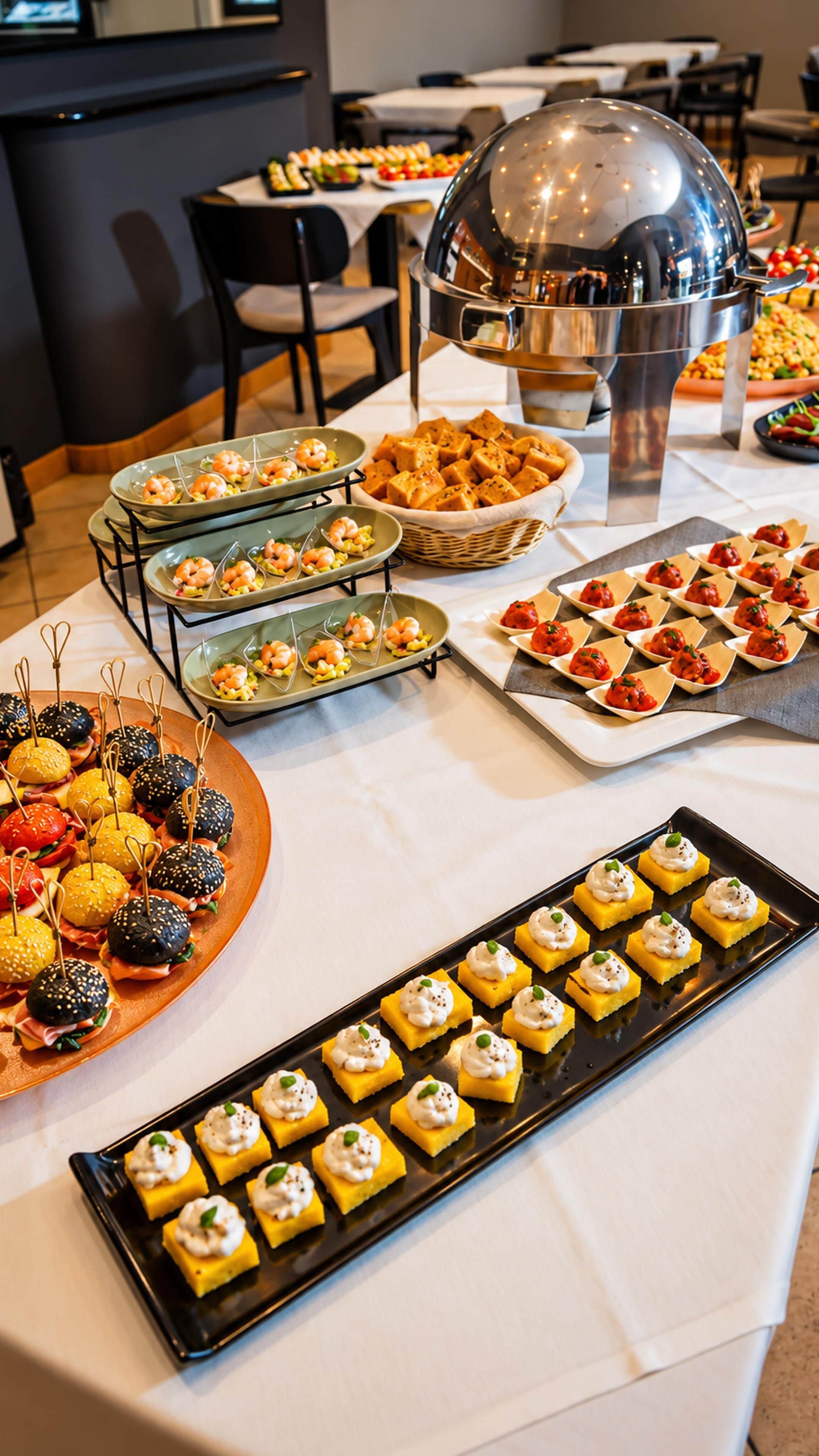 A buffet table with various food items including shrimp, burgers, and desserts.
