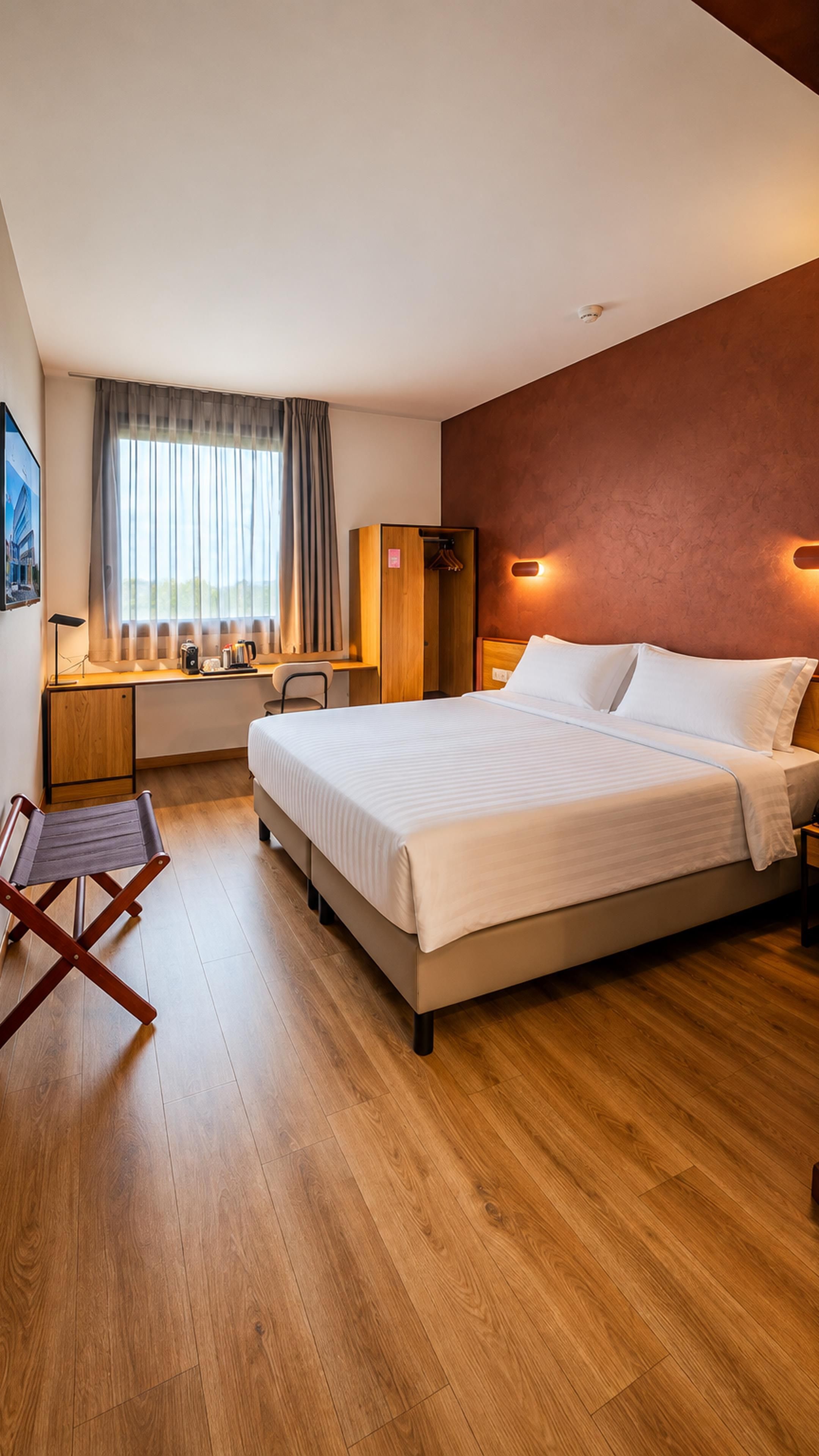 A hotel room with a large bed, a desk with a chair, a wardrobe, and a window with curtains.