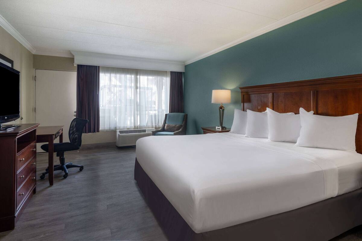 Una habitación de hotel con una cama grande, un escritorio con una silla, televisión y ventana con cortinas.