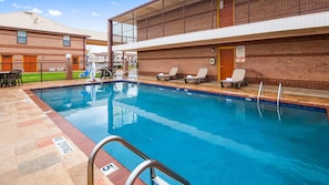 Outdoor pool, pool umbrellas, pool loungers