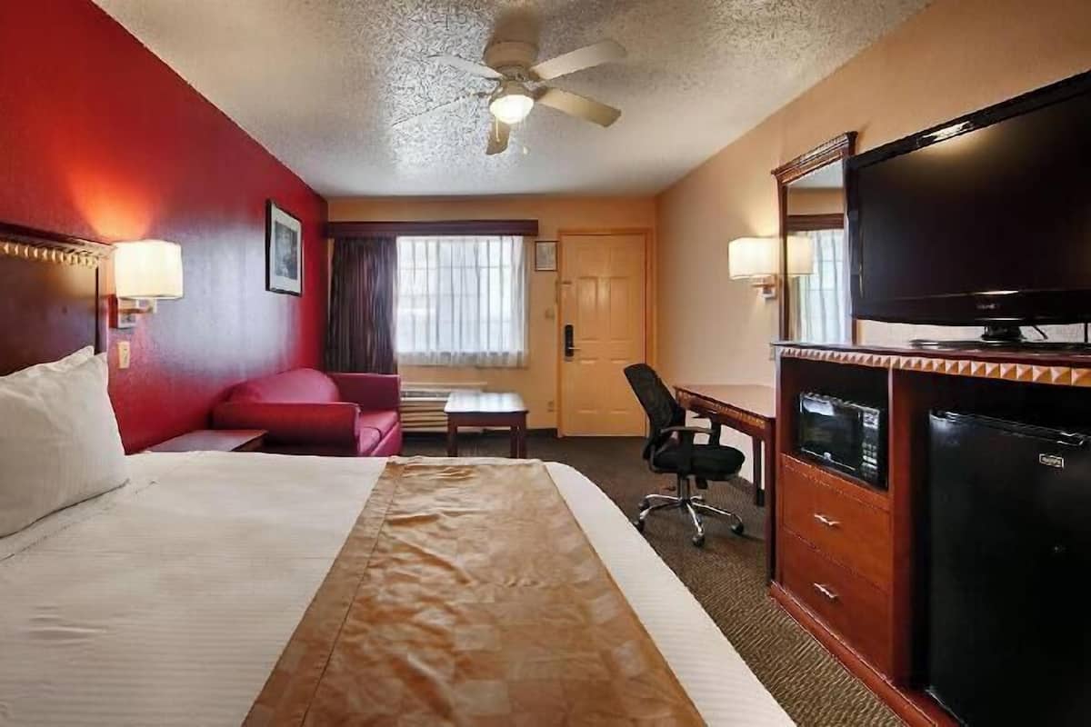 Quarto de hotel com cama, escrivaninha, cadeira, televisão e ventoinha no teto.