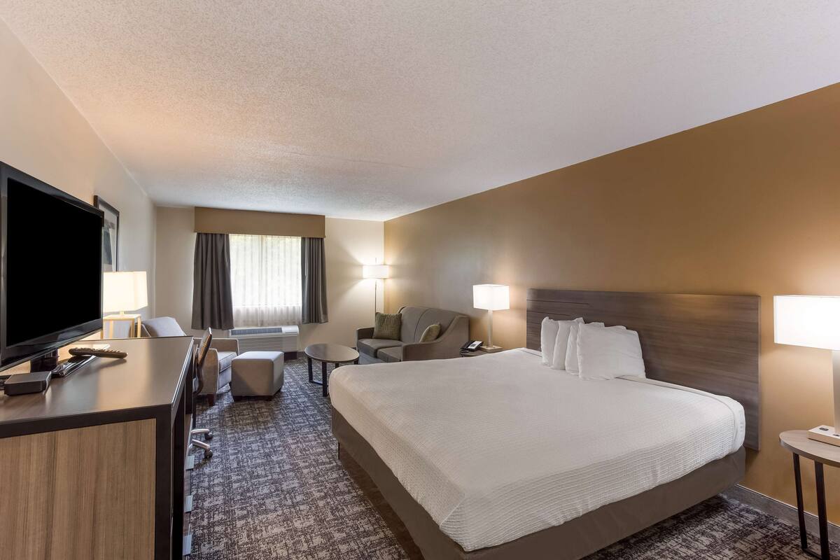 A hotel room with a large bed, a desk with a flat-screen TV, a sofa, a chair, and a lamp.