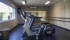 Ein Fitnessraum mit Laufbändern, einer Spiegelwand und einem Fenster mit Blick auf Grünflächen.
