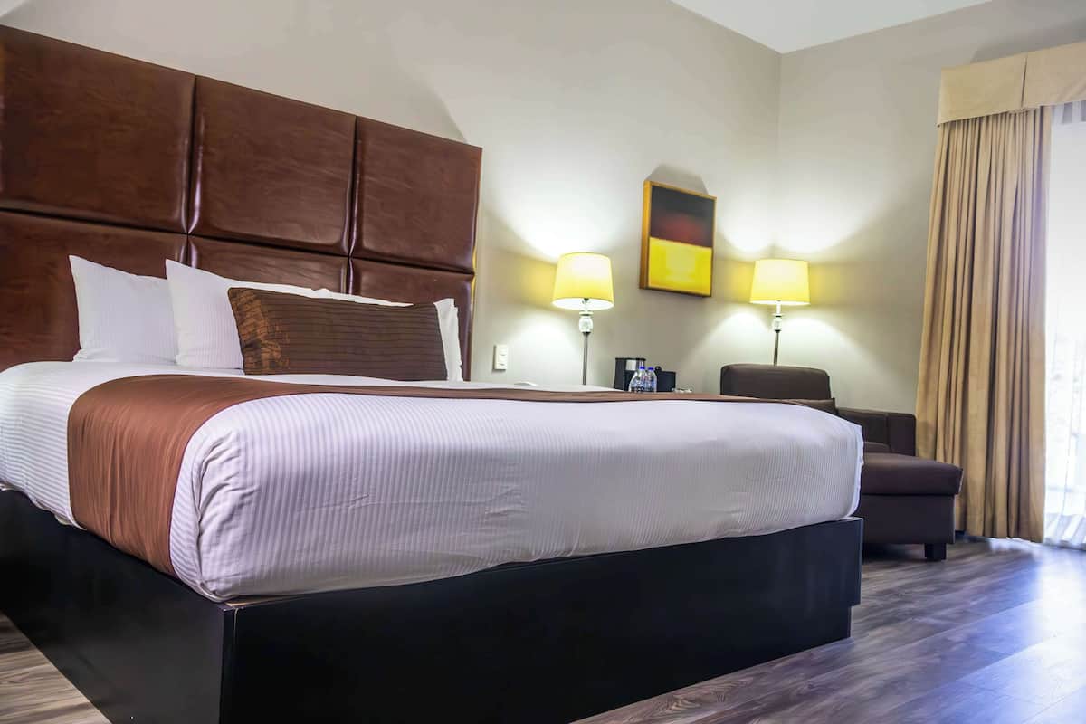 A hotel room with a large bed, two bedside lamps, a brown headboard, and a window with curtains.