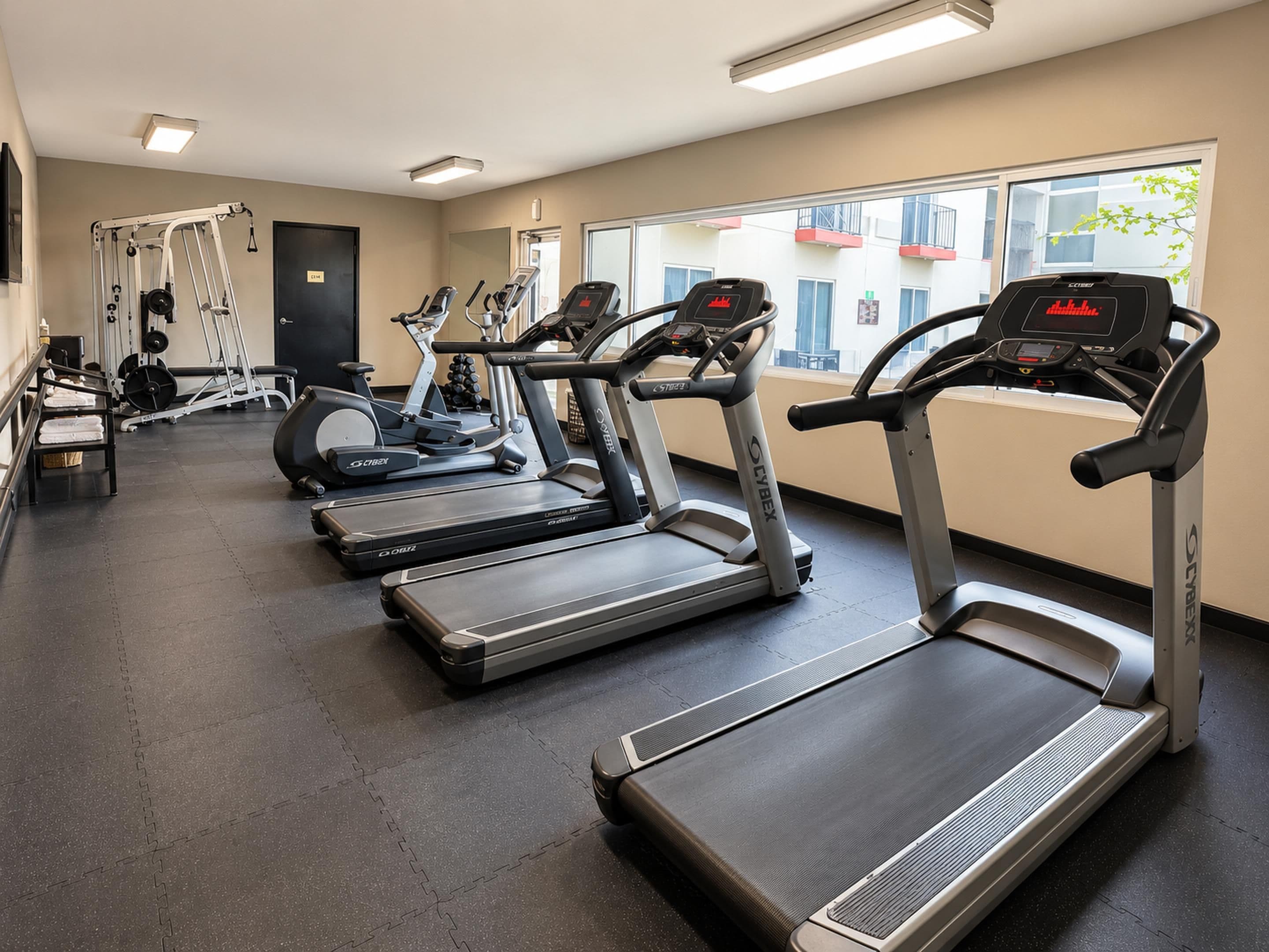 Une salle de sport équipée de tapis de course, de vélos elliptiques et d’appareils de musculation.