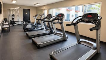 A gym with treadmills, ellipticals, and weight machines.