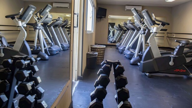 Ein Fitnessraum mit mehreren Laufbändern, Kurzhanteln und einem Fernseher an der Wand.