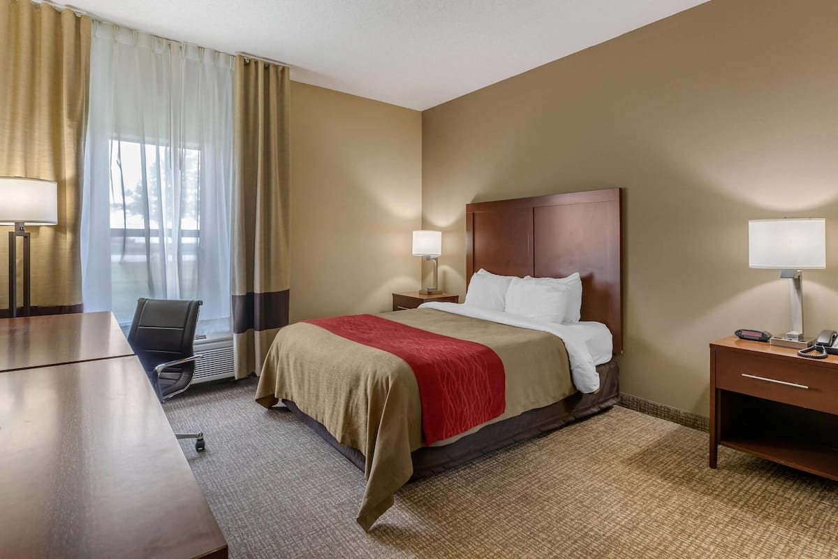 Habitación de hotel con una cama grande, un escritorio, una silla y dos lámparas de noche.