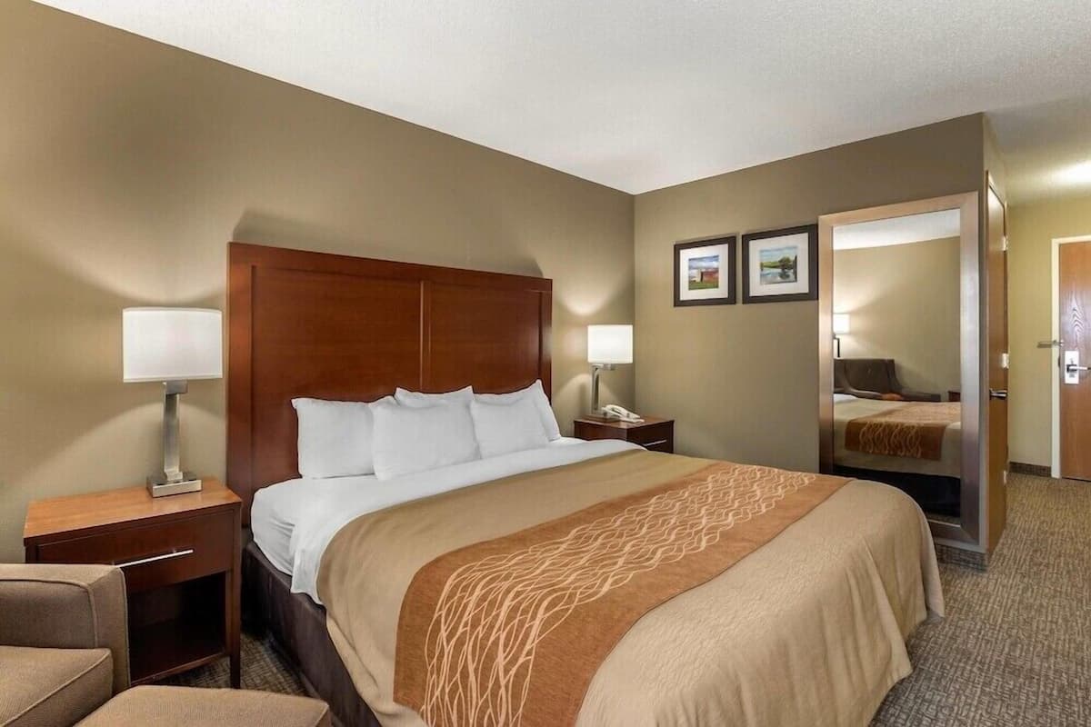 Habitación de hotel con una cama grande, dos mesitas de noche con lámparas, un espejo y dos cuadros en la pared.