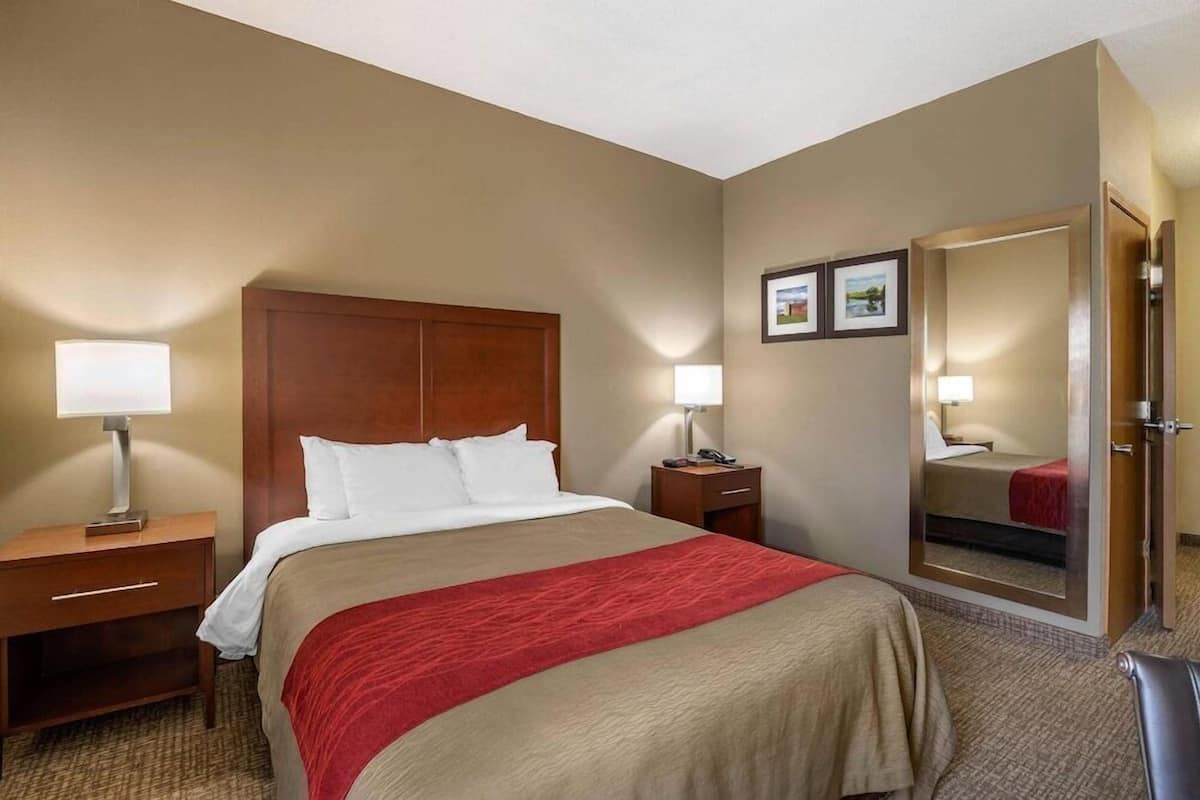 Una habitación de hotel con una cama, dos mesitas de noche, un espejo y cuadros en la pared.