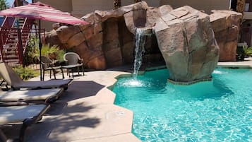 Indoor pool, outdoor pool, pool umbrellas, pool loungers