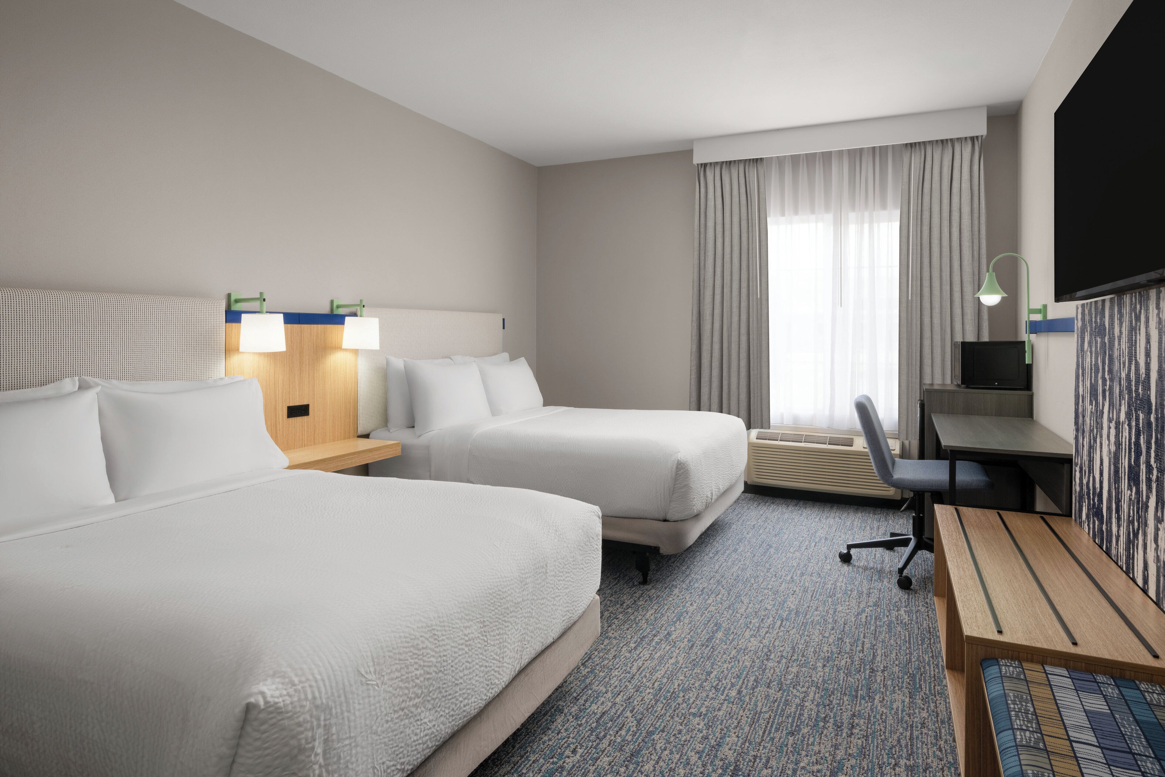 Standard Room, 2 Queen Beds, Roll-in Shower (Mobility Accessible) | Premium bedding, desk, laptop workspace, blackout drapes