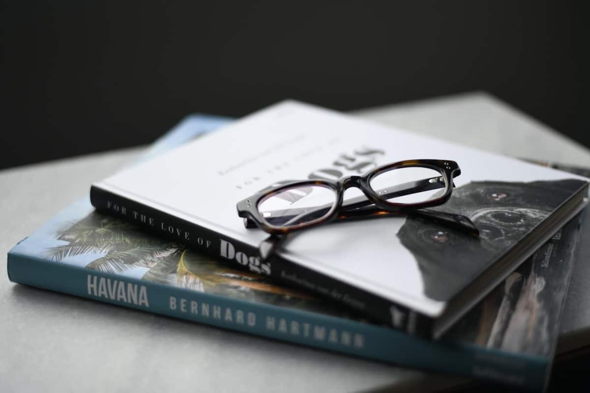 A book titled "For the Love of Dogs" and another book titled "Havana" by Bernard Hartmann on a table.