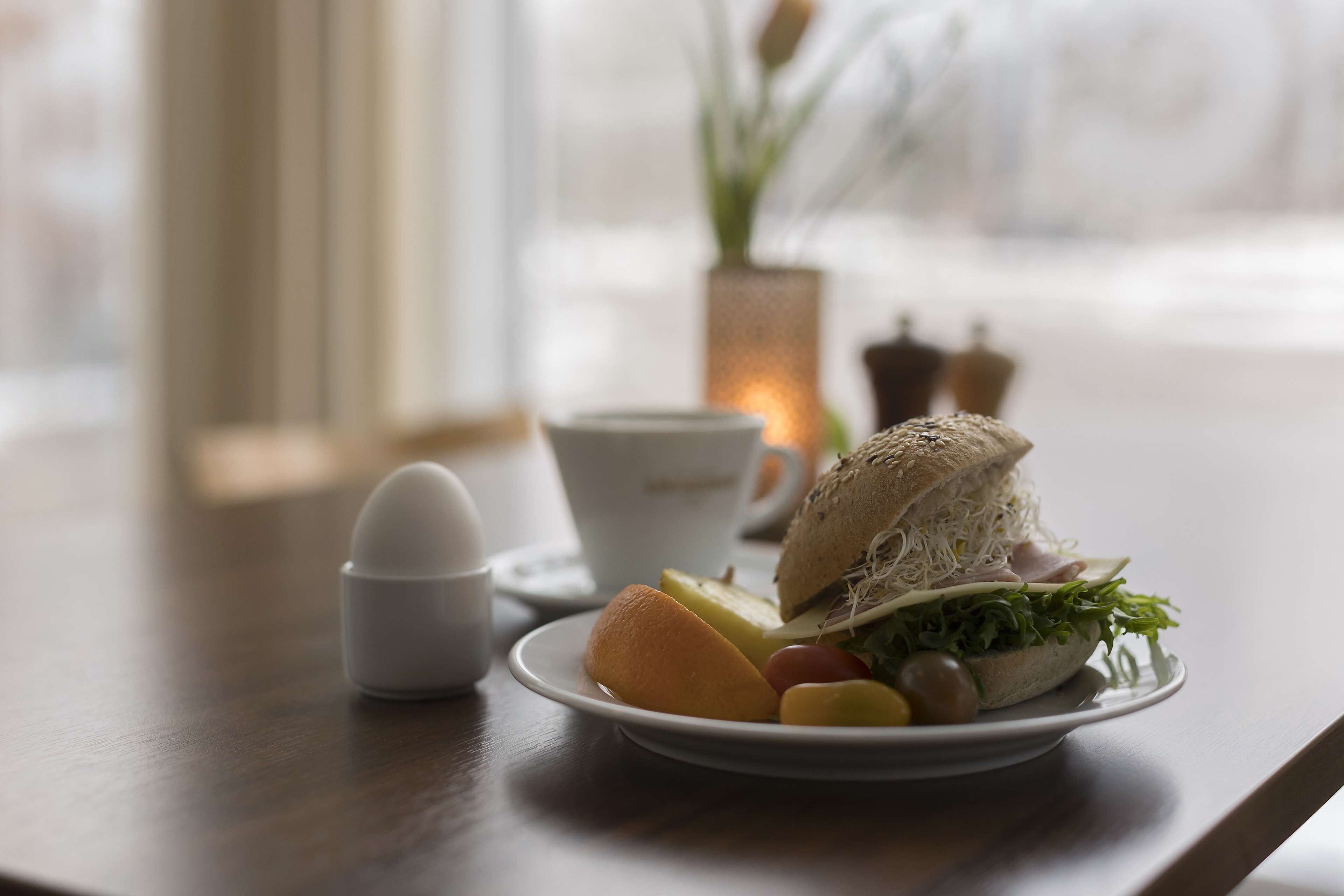 Une assiette contenant un sandwich, un œuf dur et quelques légumes, posée sur une table.