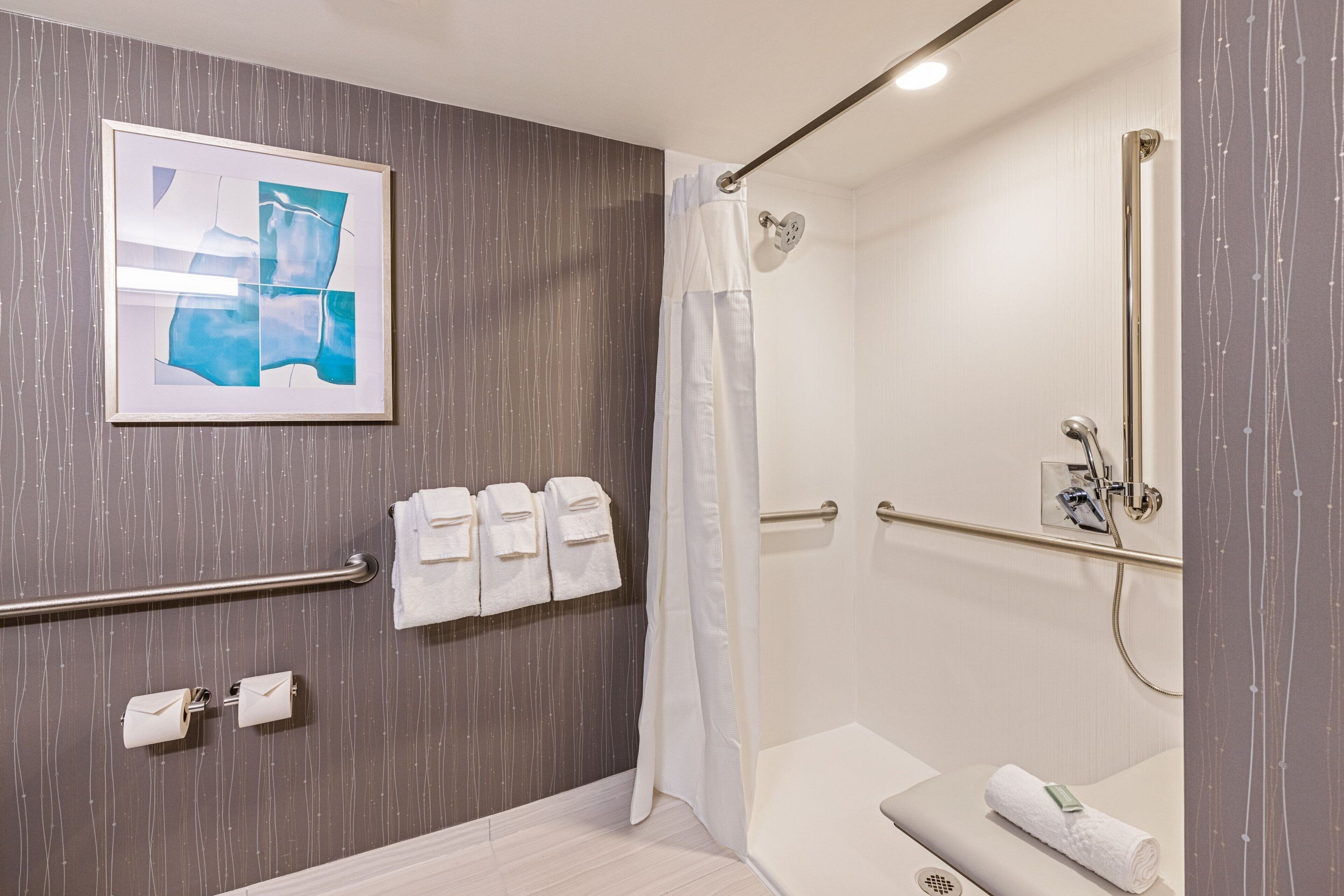 Une salle de bain moderne avec une douche, des toilettes et un lavabo. Des serviettes sont suspendues sur un porte-serviettes, et un tableau encadré est accroché au mur.