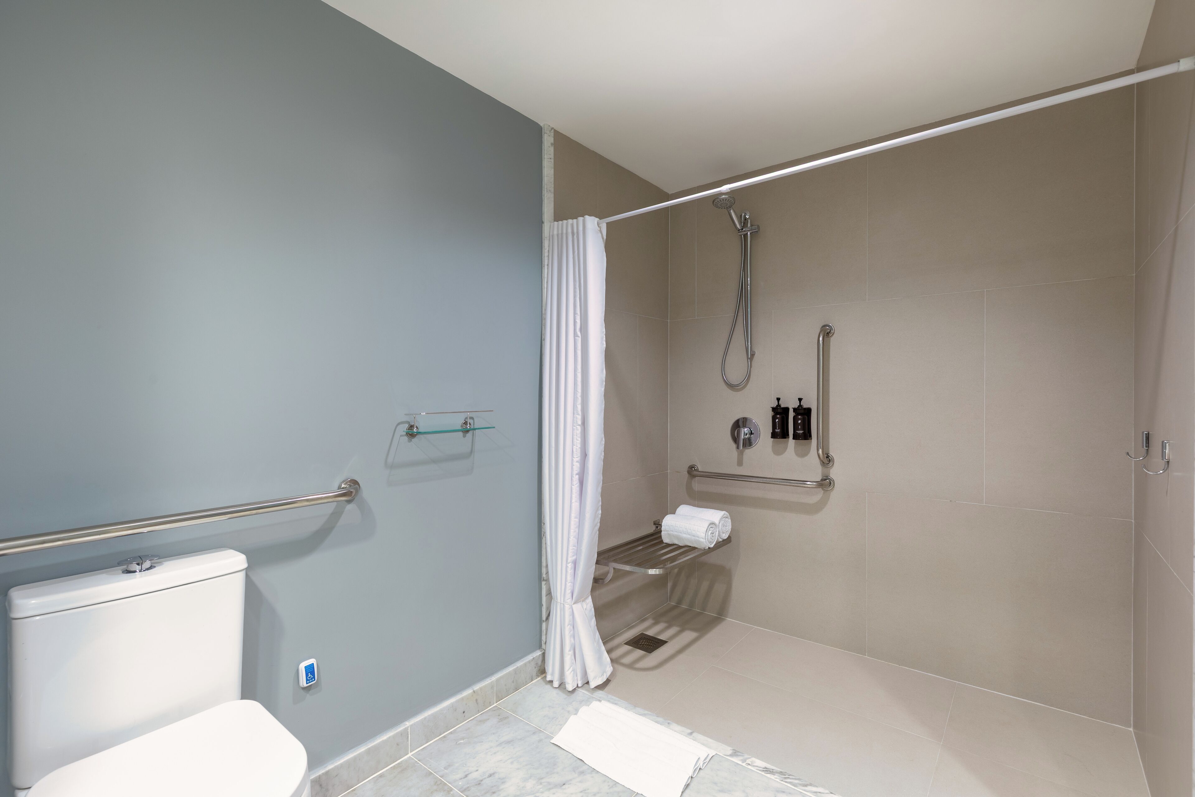A modern bathroom with a toilet, shower, and grab bars.