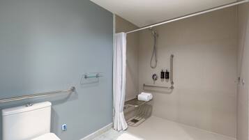 A modern bathroom with a toilet, shower, and grab bars.