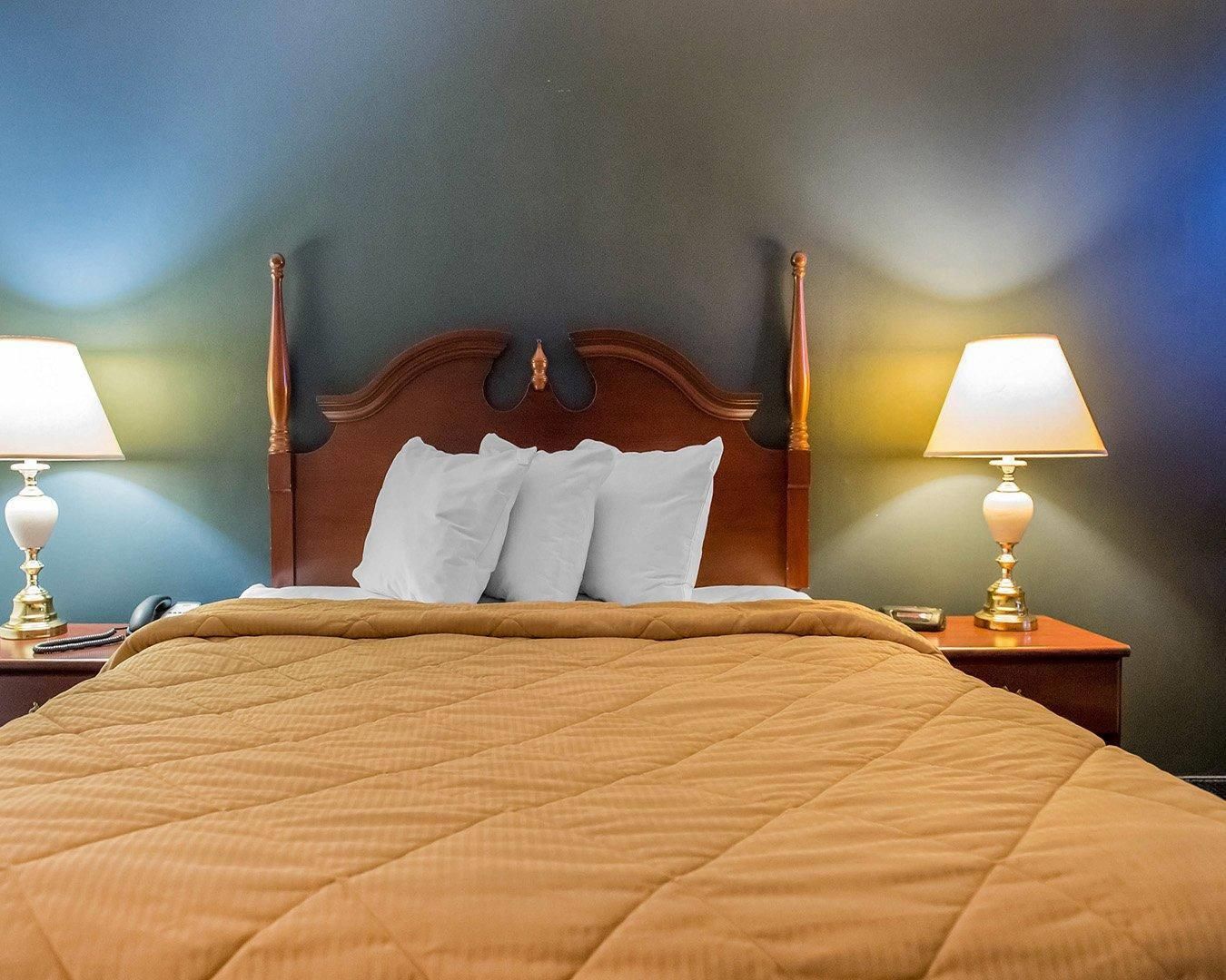 Una habitación de hotel con una cama grande, un cabecero de madera, dos lámparas de noche y una colcha acolchada.
