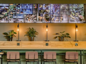 Zona de bar con una exhibición de especímenes de historia natural, plantas en macetas y taburetes de bar modernos.