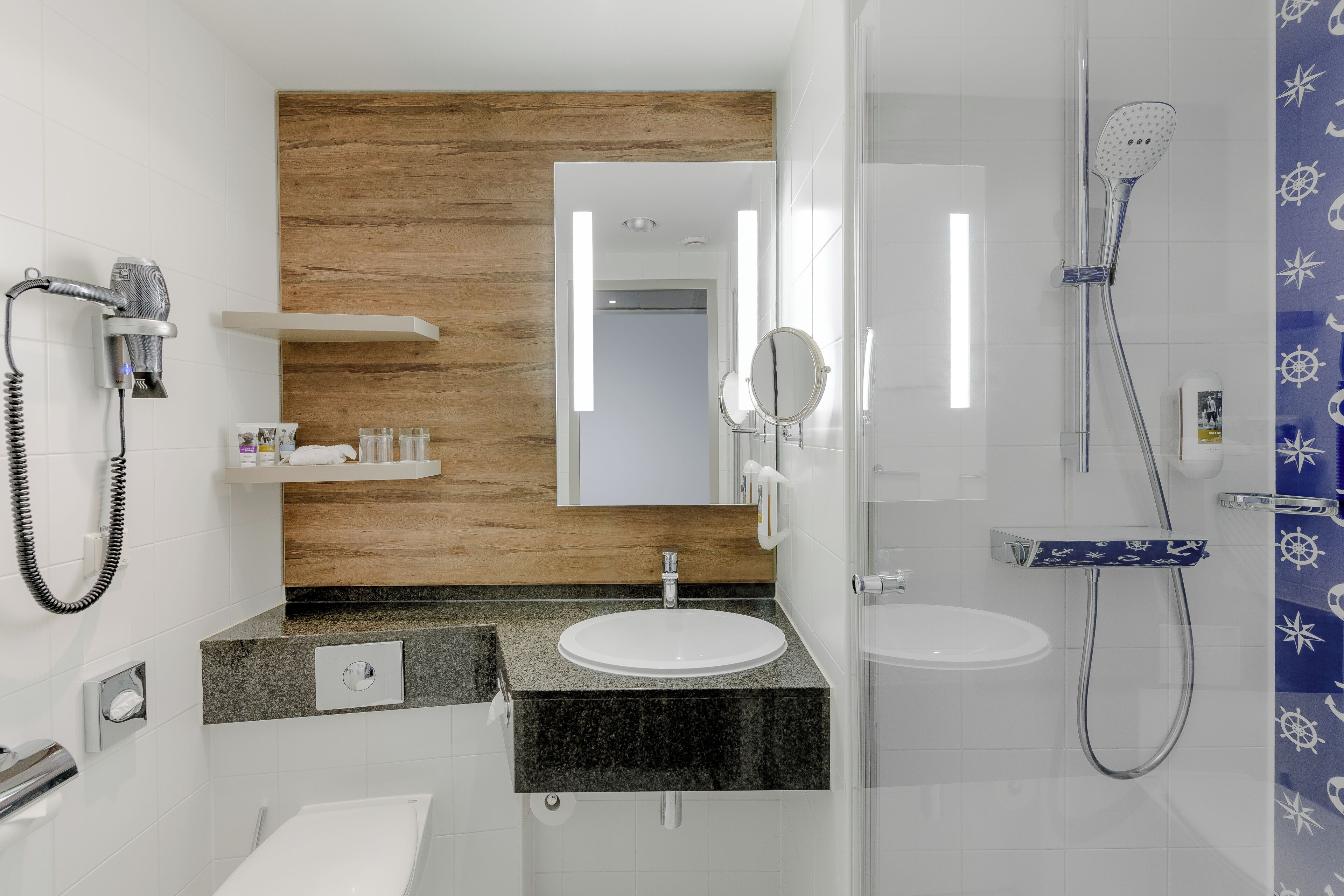 shower, eco-friendly toiletries, hair dryer, towels