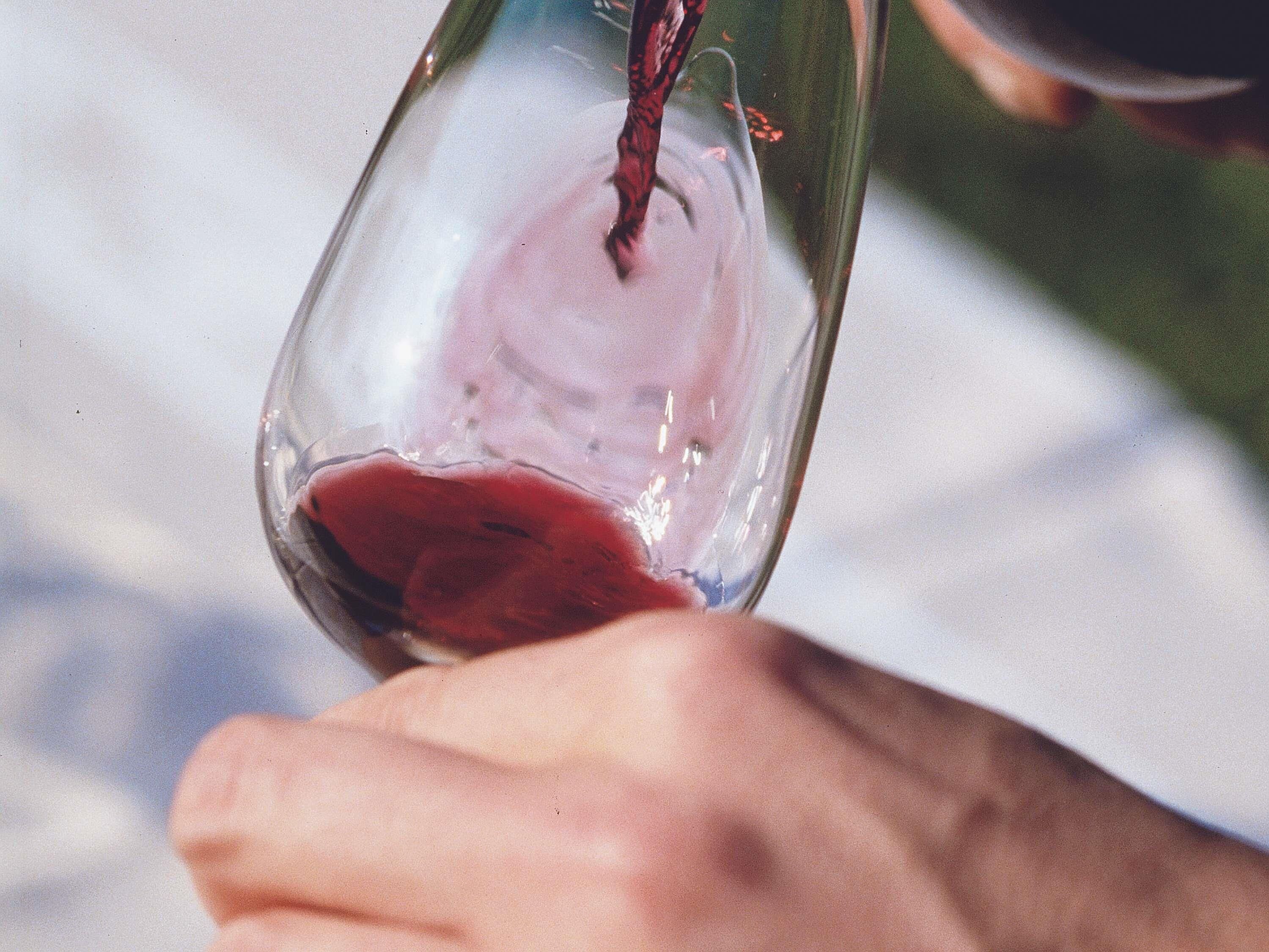 A hand holding a wine glass with red liquid.