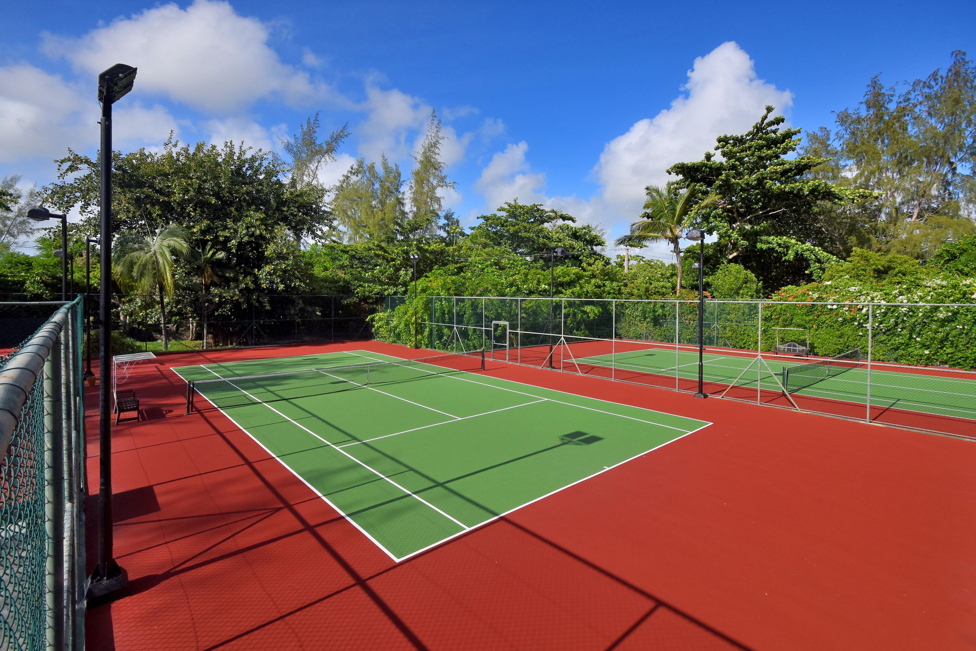 Una cancha de tenis con red, rodeada por una cerca y árboles.