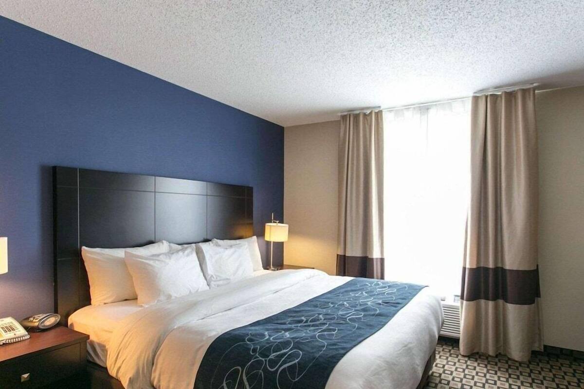 Une chambre d’hôtel avec un grand lit, une tête de lit, une table de chevet avec une lampe et une fenêtre avec des rideaux.