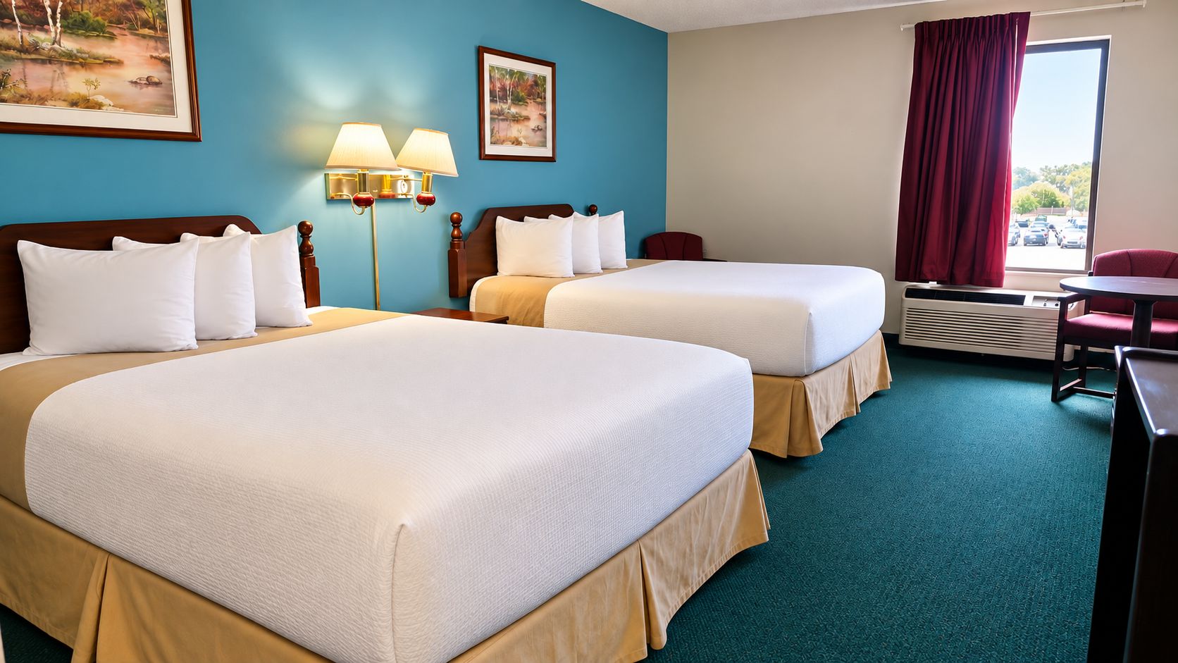 Habitación de hotel con dos camas, un escritorio, una silla, una lámpara y una ventana con cortinas.