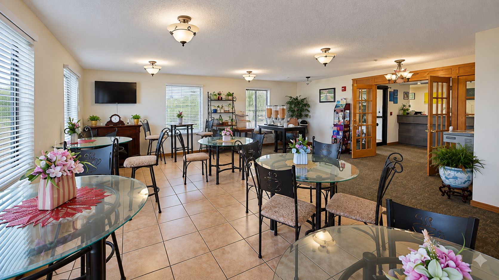 A spacious dining area with multiple round glass tables and chairs, a kitchen area with a dining table, and a living area with a sofa and a coffee table.