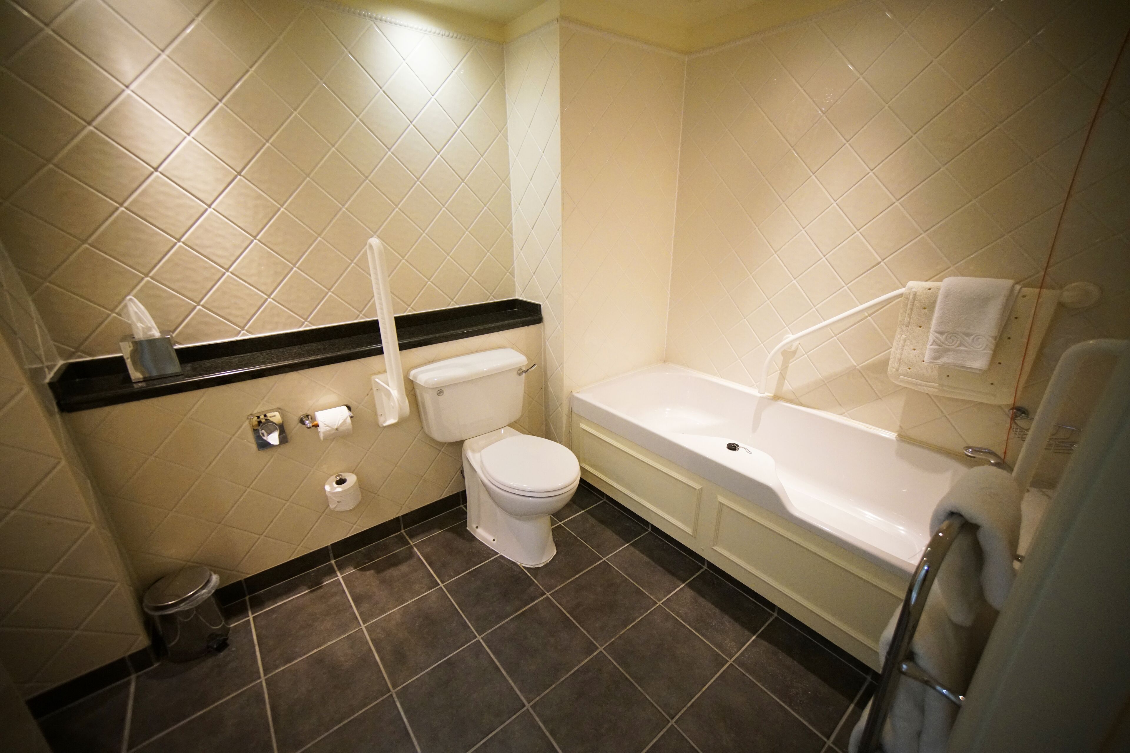 separate bathtub and shower, free toiletries, hair dryer, towels