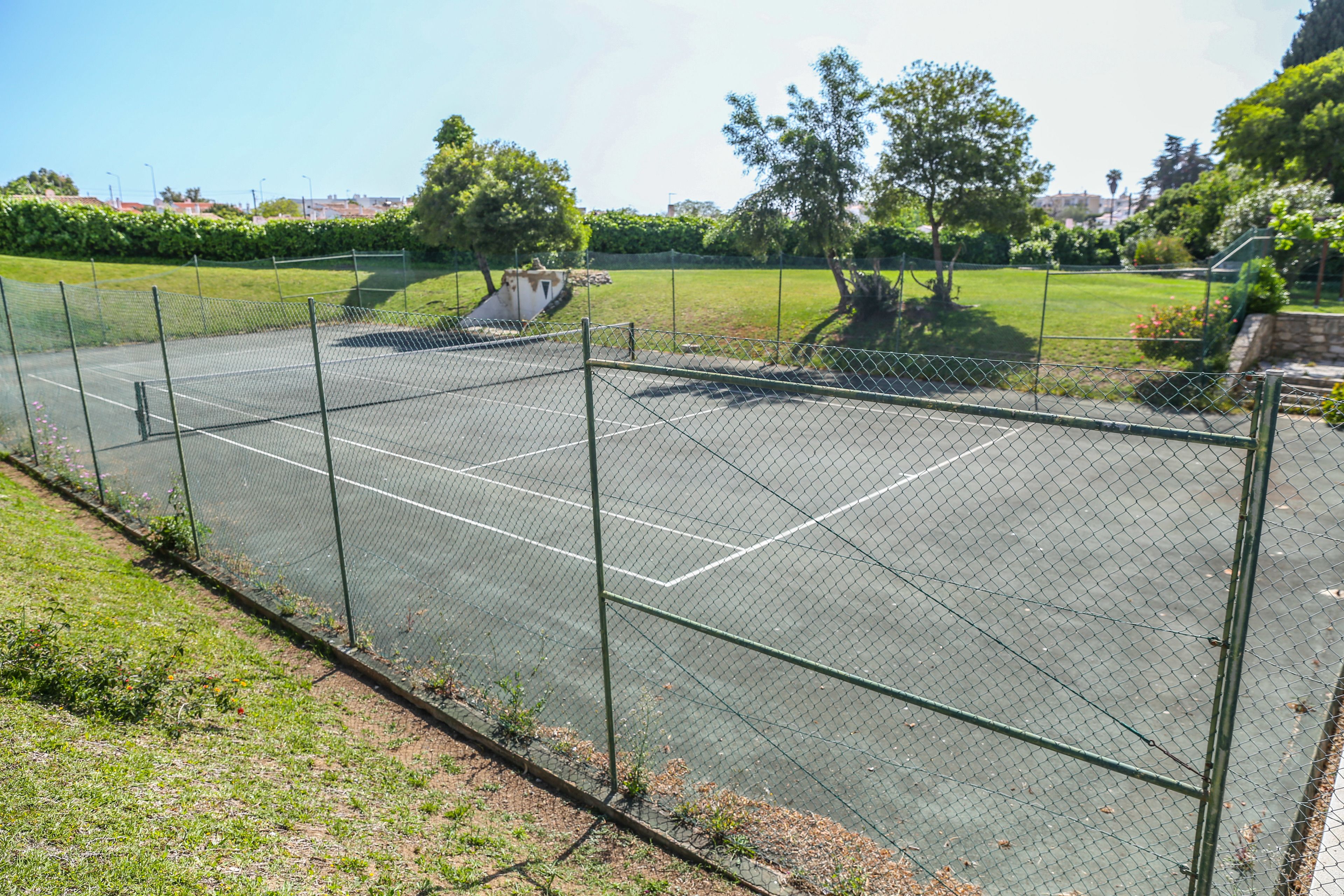 En udendørs tennisbane omkranset af hegn, med træer og græs i baggrunden.
