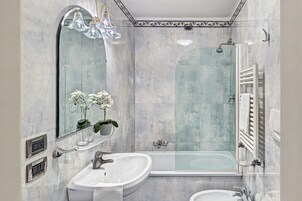 Rainfall showerhead, hair dryer, bidet, towels