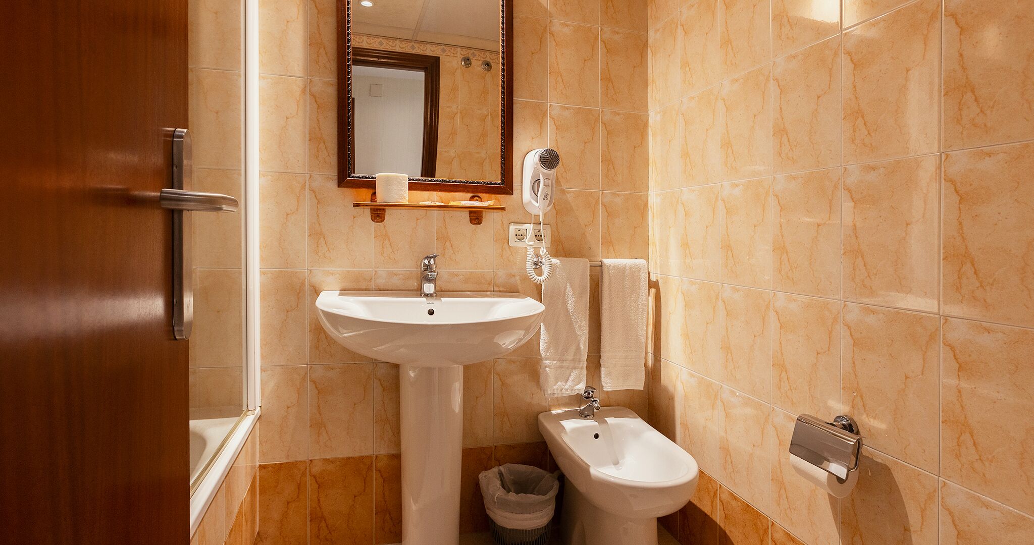 A bathroom with a sink, bidet, and mirror.