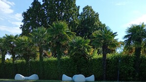 Zona de piscina con una piscina azul cristalina, dos bebidas con pajitas, una cesta de patatas fritas y una toalla blanca.