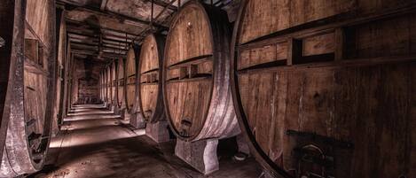 A long corridor with large wooden barrels lining the walls.
