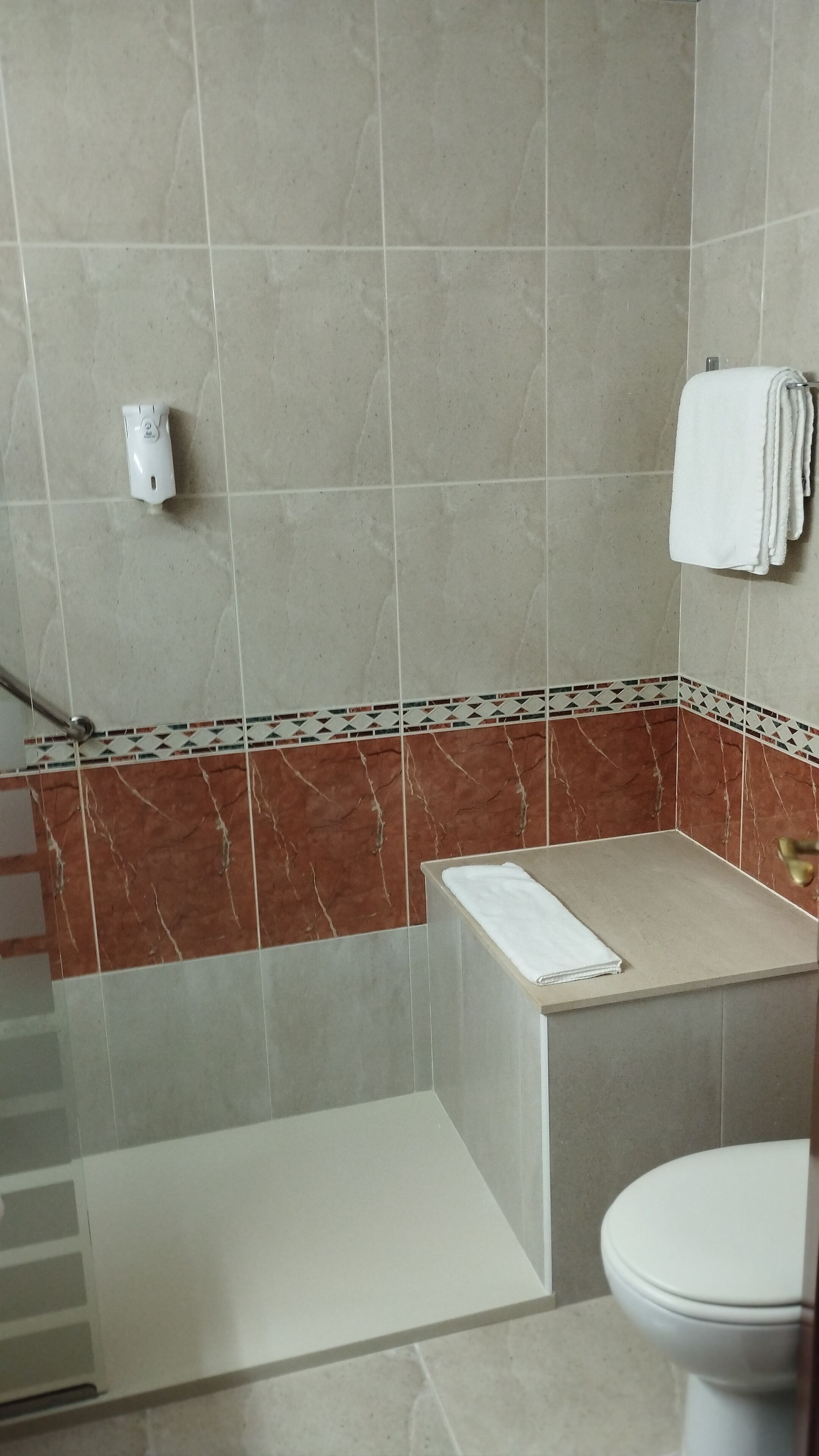 A bathroom with a shower, a toilet, and a towel rack.