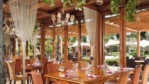 A restaurant with wooden tables and chairs, chandeliers, and large windows overlooking a garden.