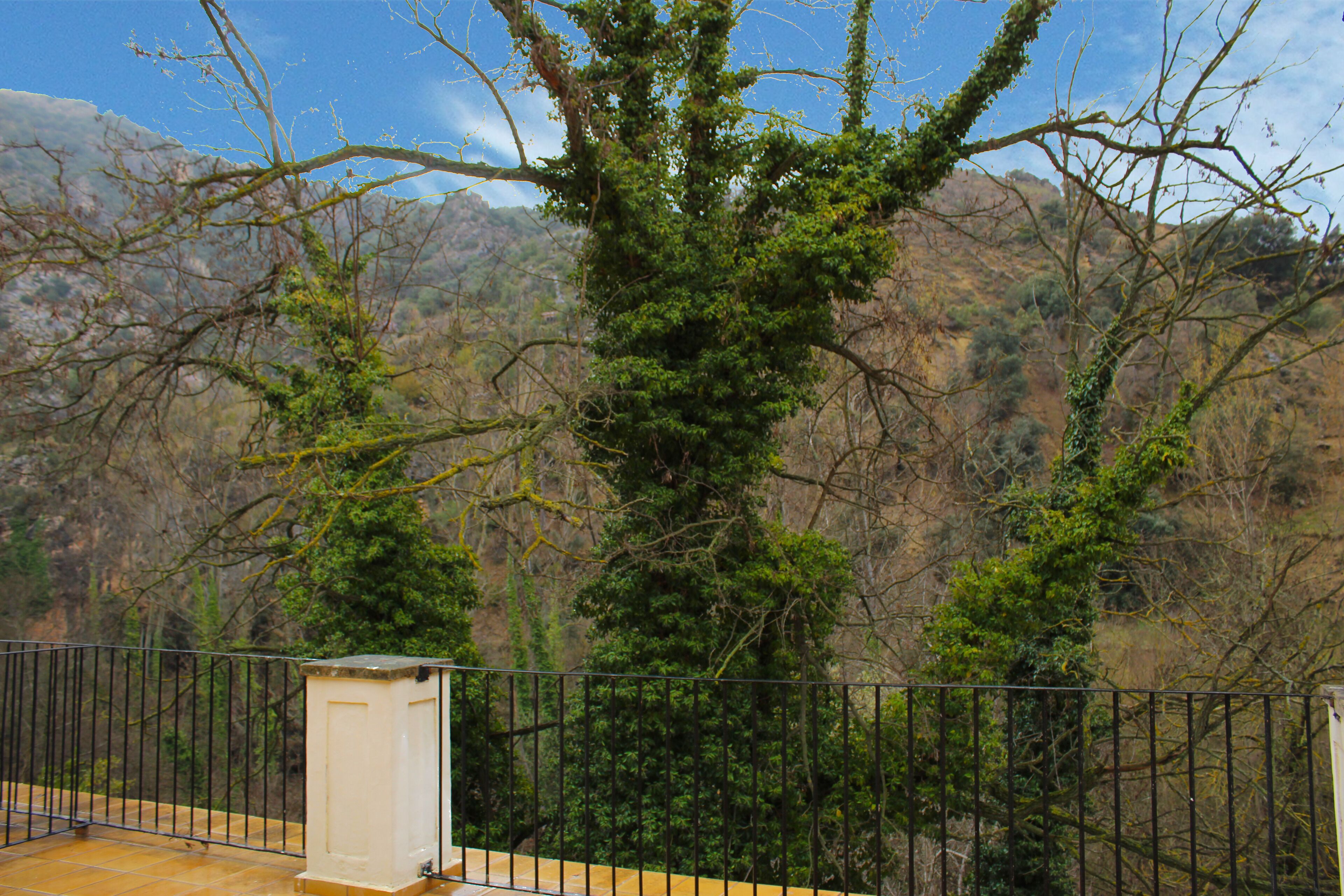 Un balcón con barandilla de metal, con vistas a un paisaje montañoso de vegetación densa y árboles.