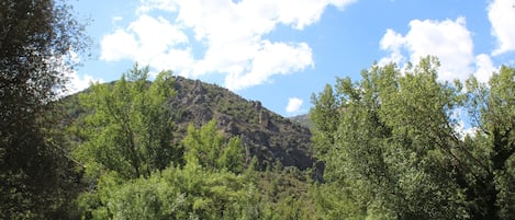 A mountainous landscape with dense green foliage and a clear blue sky.