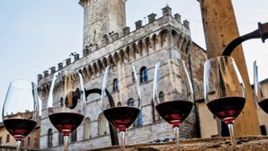 Una hilera de copas de vino con vino tinto, frente a un edificio histórico con una torre.